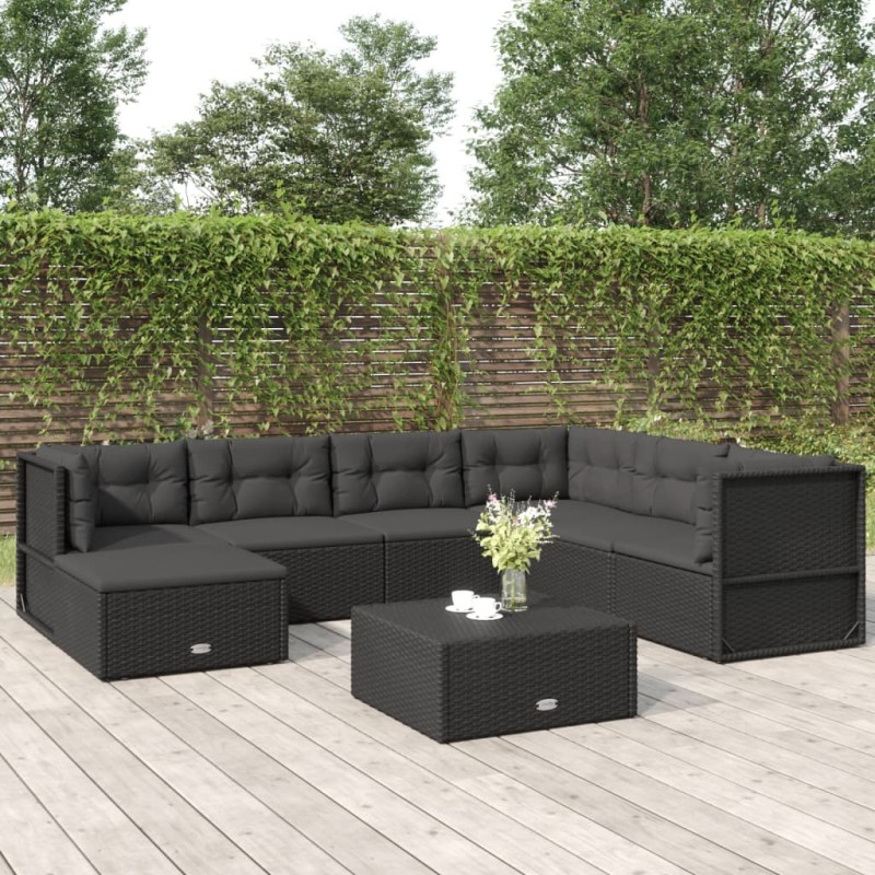 vidaXL Set de muebles de jardín y cojines 7 pzas ratán sintético negro vidaXL Set de muebles de jardín y cojines 7 pzas ratán sintético negro