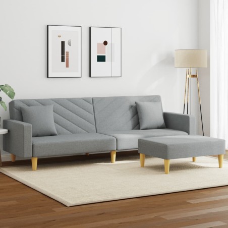 vidaXL Sofá cama de 2 plazas con almohadas y taburete tela gris claro