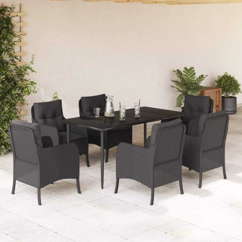vidaXL Set de comedor de jardín 7 pzas y cojines ratán sintético negro