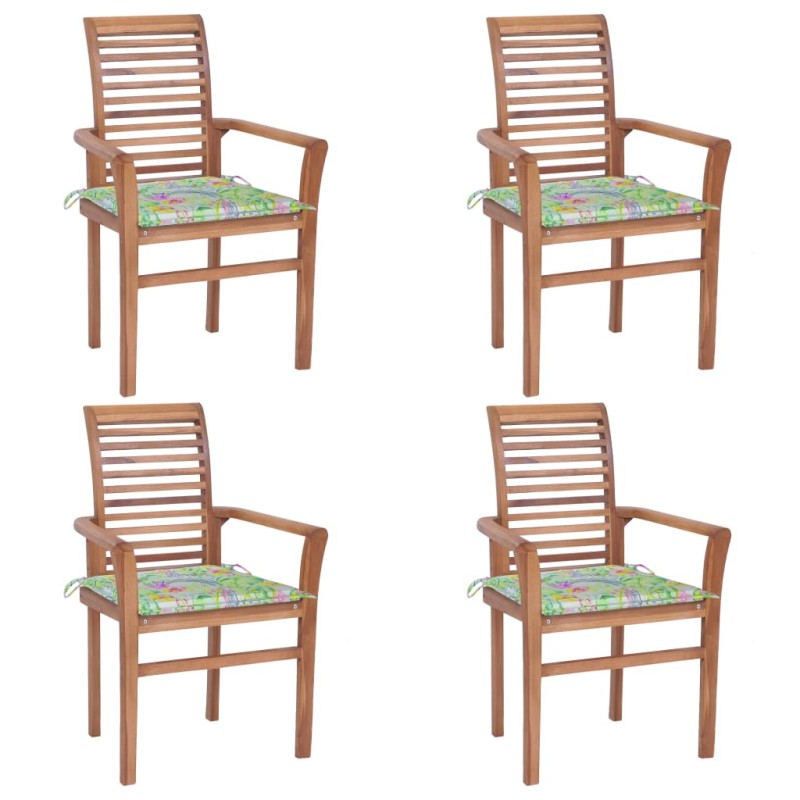 vidaXL Sillas de comedor 4 uds madera de teca cojines estampado hojas vidaXL Sillas de comedor 4 uds madera de teca cojines estampado hojas