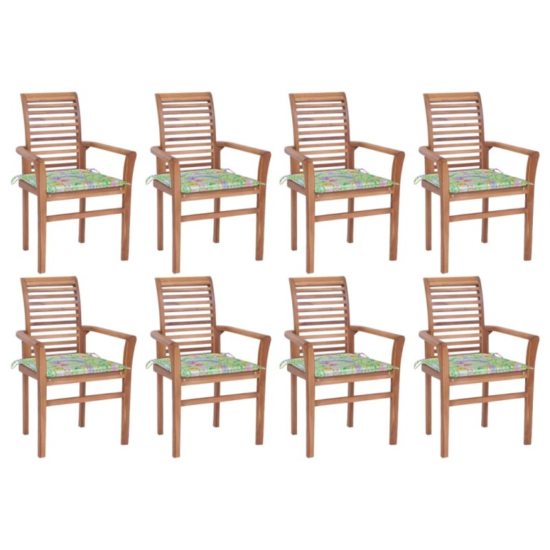 vidaXL Sillas de comedor 8 uds teca maciza y cojines estampado hojas