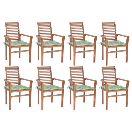 vidaXL Sillas de comedor 8 uds teca maciza y cojines estampado hojas