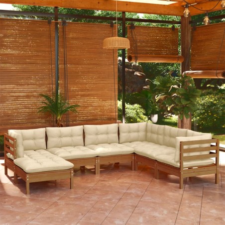 vidaXL Muebles de jardín 7 pzas y cojines madera de pino marrón miel