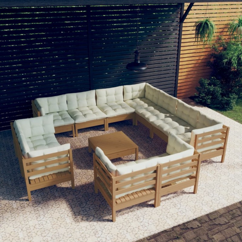 vidaXL Muebles de jardín 12 pzas y cojines madera de pino marrón miel vidaXL Muebles de jardín 12 pzas y cojines madera de pino marrón miel