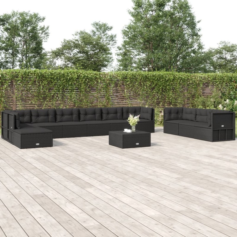 vidaXL Set muebles de jardín 11 pzas y cojines ratán sintético negro vidaXL Set muebles de jardín 11 pzas y cojines ratán sintético negro