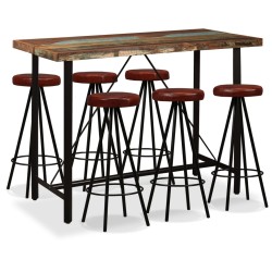 vidaXL Set muebles de bar 7 pzas madera maciza reciclada cuero genuino