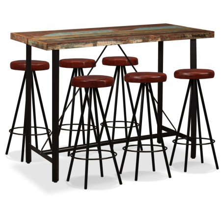 vidaXL Set muebles de bar 7 pzas madera maciza reciclada cuero genuino