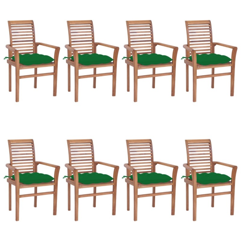 vidaXL Sillas de comedor 8 unidades madera de teca con cojines verdes vidaXL Sillas de comedor 8 unidades madera de teca con cojines verdes