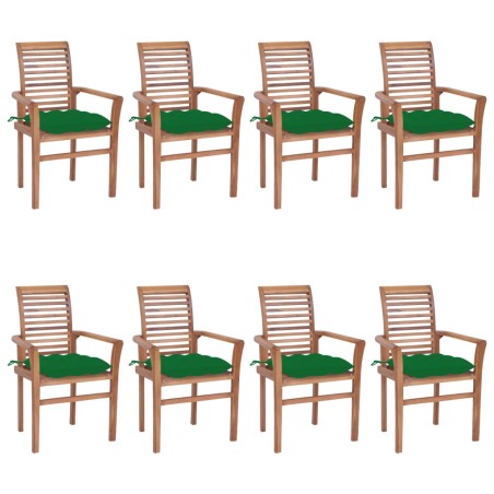 vidaXL Sillas de comedor 8 unidades madera de teca con cojines verdes