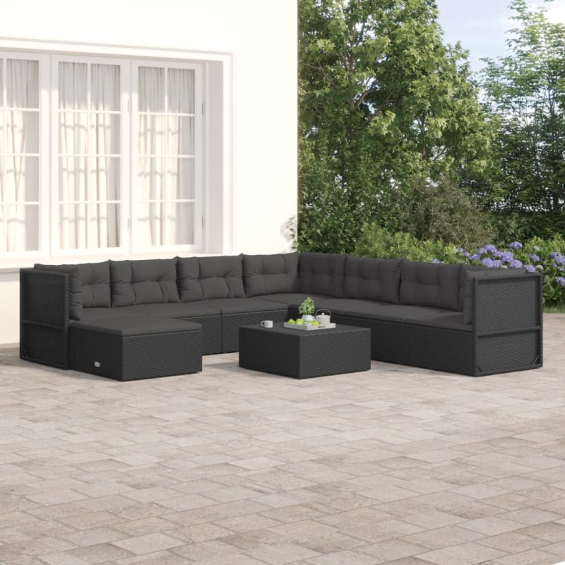 vidaXL Set de muebles de jardín 8 pzas y cojines ratán sintético negro vidaXL Set de muebles de jardín 8 pzas y cojines ratán sintético negro