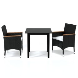 vidaXL Set de comedor de jardín 3 pzas y cojines ratán sintético negro