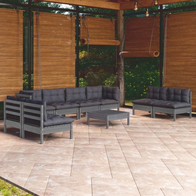 vidaXL Juego de muebles de jardín 9 pzas y cojines madera maciza pino vidaXL Juego de muebles de jardín 9 pzas y cojines madera maciza pino