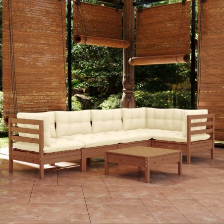 vidaXL Muebles de jardín 6 pzas y cojines madera de pino marrón miel