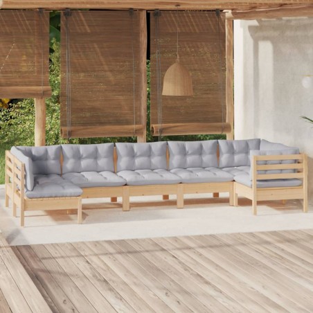 vidaXL Juego de muebles de jardín 7 pzas y cojines madera pino gris