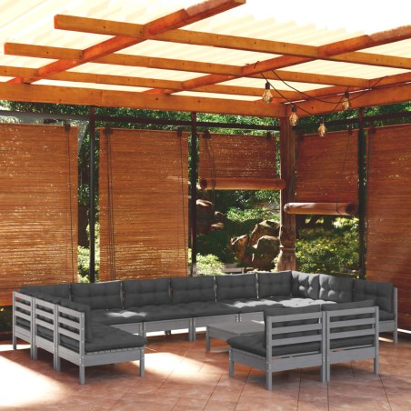 vidaXL Muebles de jardín 13 pzas y cojines gris madera maciza de pino
