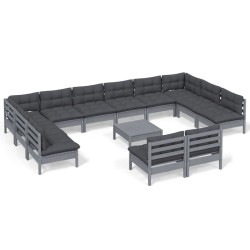 vidaXL Muebles de jardín 13 pzas y cojines gris madera maciza de pino
