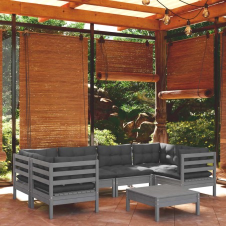 vidaXL Juego de muebles de jardín 7 pzas y cojines madera de pino gris