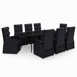 vidaXL Juego de comedor de jardín 9 piezas con cojines negro