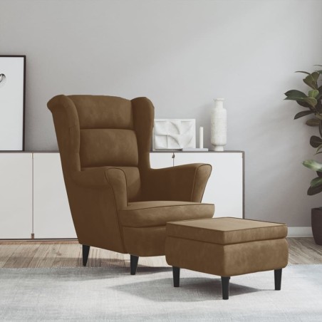 vidaXL Sillón orejero y taburete de terciopelo marrón