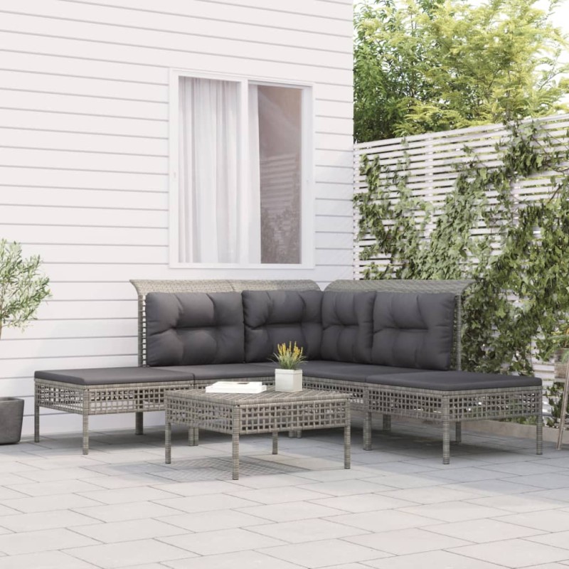 vidaXL Set de muebles de jardín 6 pzas y cojines ratán sintético gris vidaXL Set de muebles de jardín 6 pzas y cojines ratán sintético gris