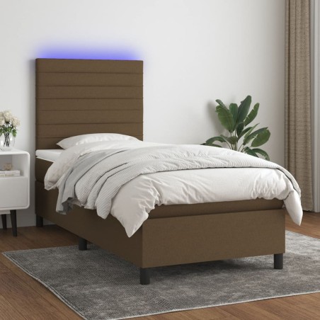 vidaXL Cama box spring colchón y luces LED tela marrón oscuro 90x190cm