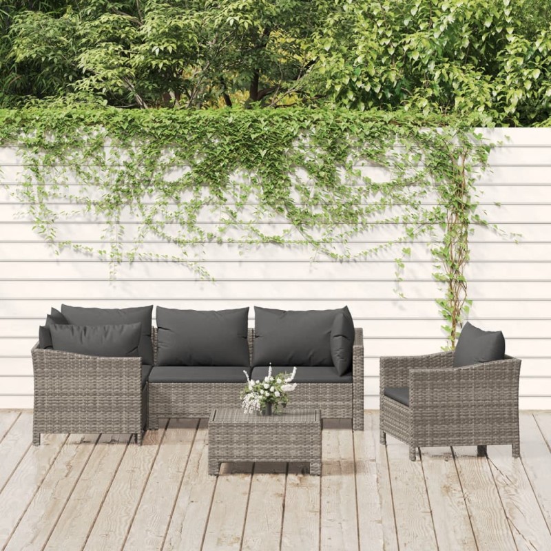vidaXL Set de muebles de jardín 6 pzas y cojines ratán sintético gris vidaXL Set de muebles de jardín 6 pzas y cojines ratán sintético gris