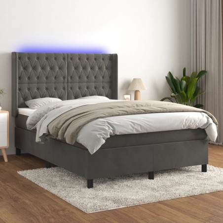 vidaXL Cama box spring colchón y LED terciopelo gris oscuro 140x200 cm