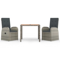 vidaXL Set comedor de jardín 3 piezas con cojines ratán sintético gris