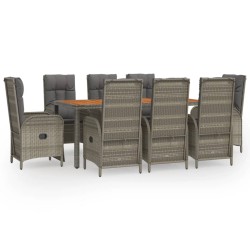 vidaXL Set comedor jardín 9 pzas y cojines ratán sintético gris