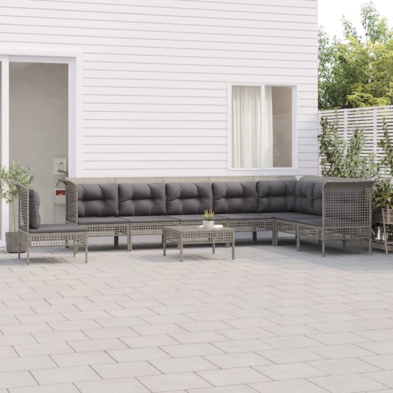 vidaXL Set de muebles de jardín 9 pzas y cojines ratán sintético gris vidaXL Set de muebles de jardín 9 pzas y cojines ratán sintético gris