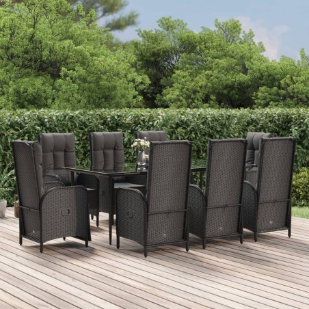 vidaXL Set de comedor de jardín 9 pzas y cojines ratán sintético negro