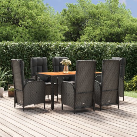 vidaXL Set de comedor de jardín 7 pzas y cojines ratán sintético negro