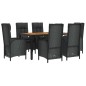 vidaXL Set de comedor de jardín 7 pzas y cojines ratán sintético negro