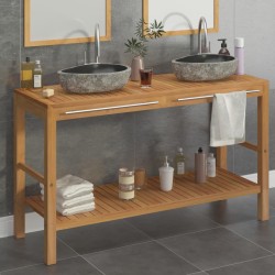 vidaXL Mueble tocador madera teca maciza con lavabos de piedra de río 
