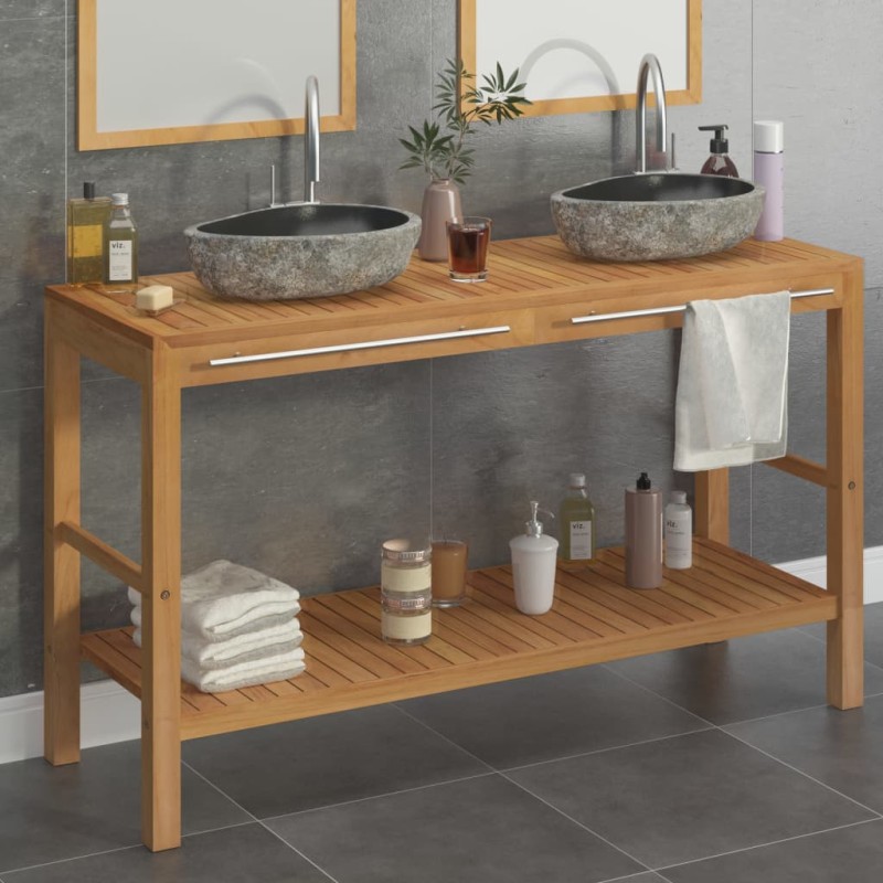 vidaXL Mueble tocador madera teca maciza con lavabos de piedra de río vidaXL Mueble tocador madera teca maciza con lavabos de piedra de río