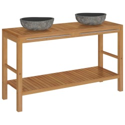 vidaXL Mueble tocador madera teca maciza con lavabos de piedra de río 