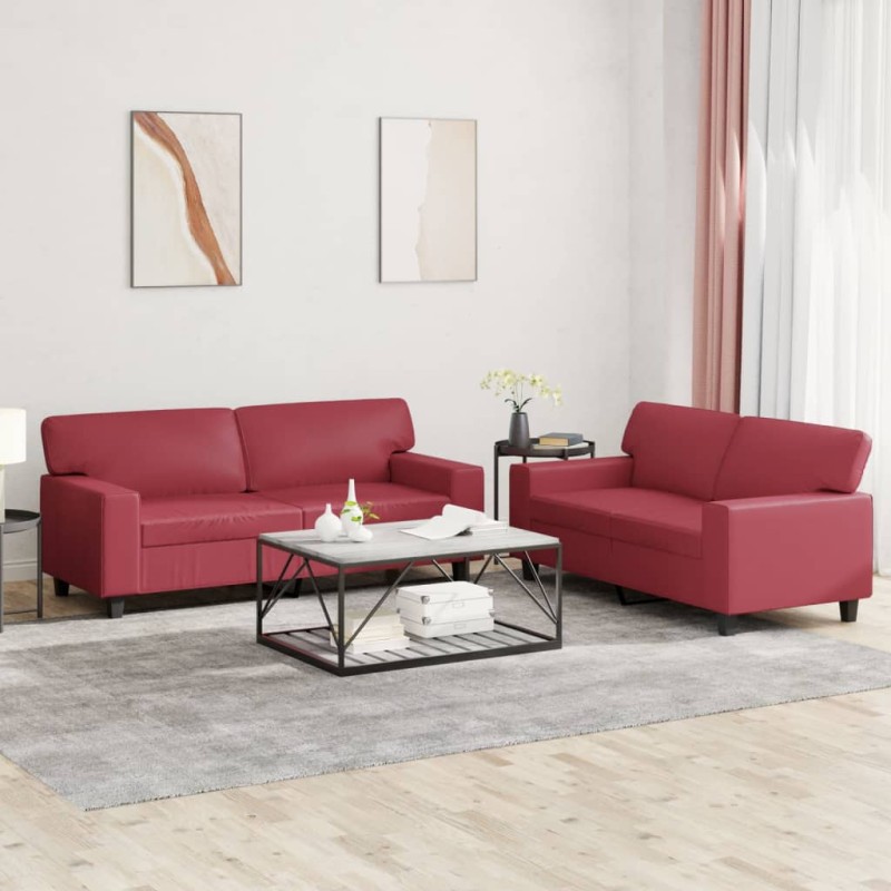 vidaXL Juego de sofás 2 piezas cuero sintético rojo tinto vidaXL Juego de sofás 2 piezas cuero sintético rojo tinto
