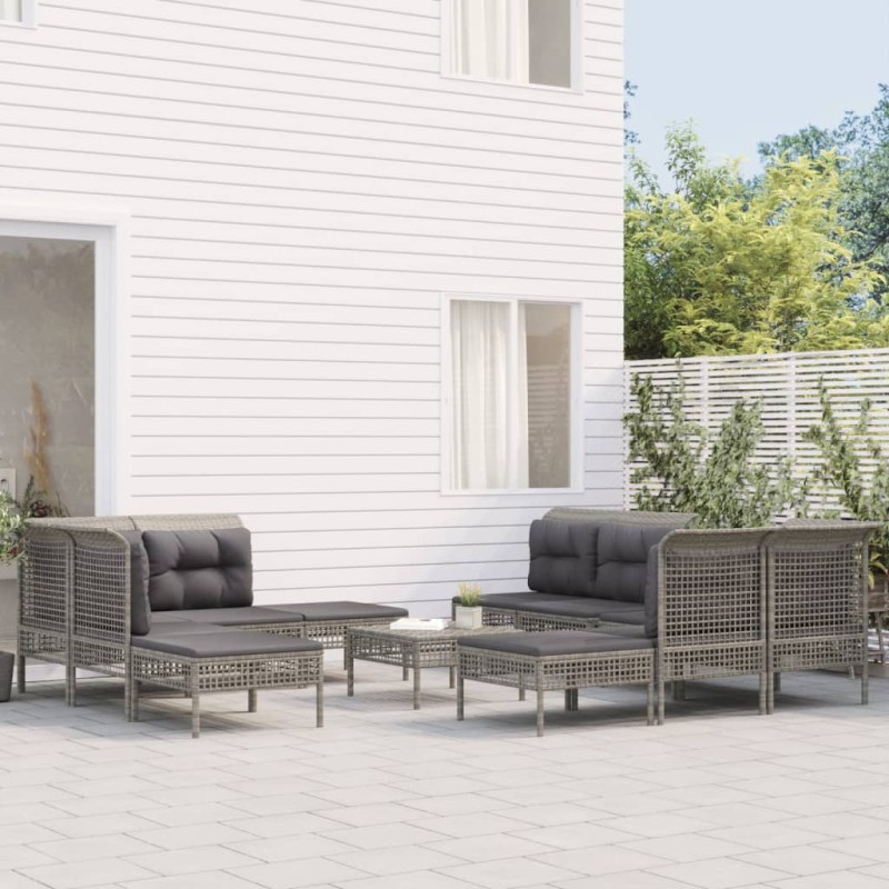 vidaXL Set de muebles de jardín 10 pzas y cojines ratán sintético gris