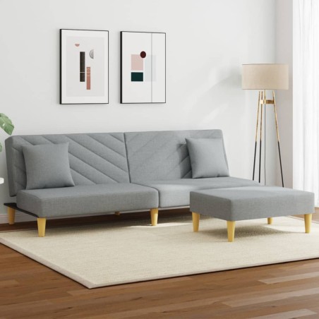 vidaXL Sofá cama de 2 plazas con almohadas y taburete tela gris claro