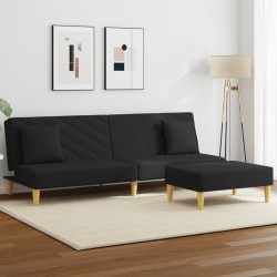 vidaXL Sofá cama de 2 plazas con almohadas y taburete tela negro