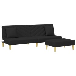 vidaXL Sofá cama de 2 plazas con almohadas y taburete tela negro