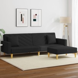 vidaXL Sofá cama de 2 plazas con almohadas y taburete tela negro