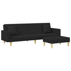vidaXL Sofá cama de 2 plazas con almohadas y taburete tela negro