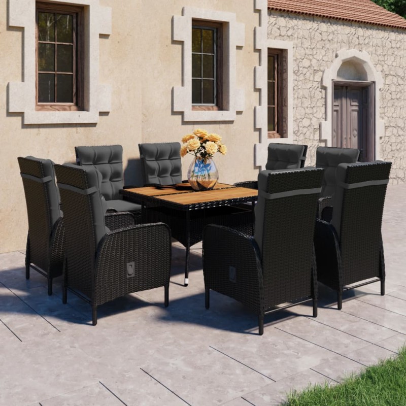 vidaXL Set de comedor de jardín 9 pzas ratán PE y madera acacia negro vidaXL Set de comedor de jardín 9 pzas ratán PE y madera acacia negro
