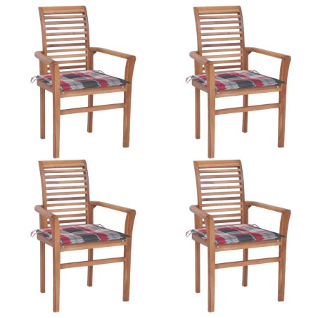 vidaXL Sillas de comedor 4 uds madera teca y cojines a cuadros rojos 