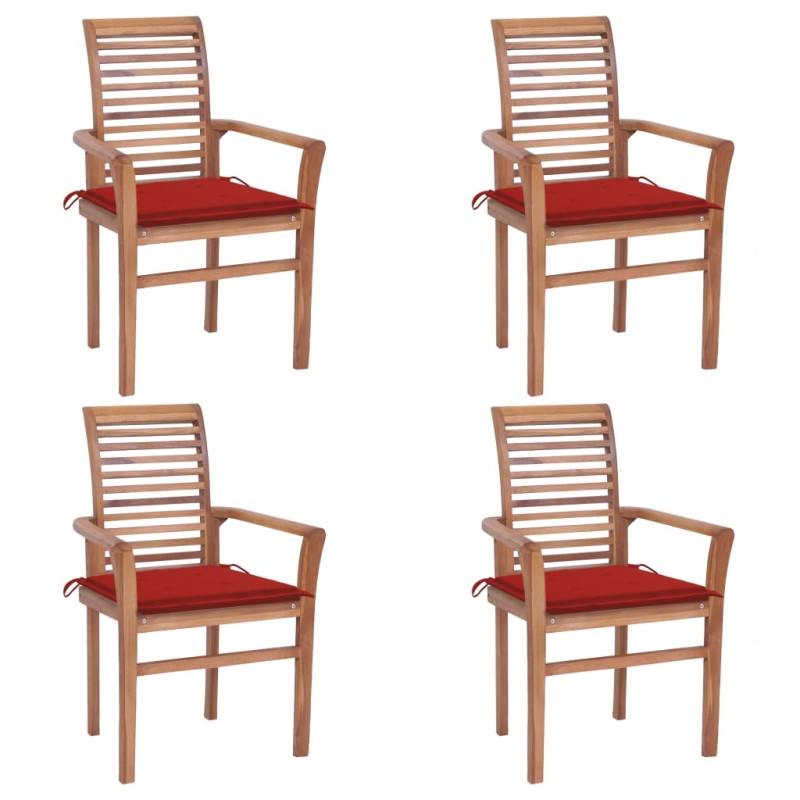 vidaXL Sillas de comedor 4 uds madera maciza de teca con cojines rojos vidaXL Sillas de comedor 4 uds madera maciza de teca con cojines rojos