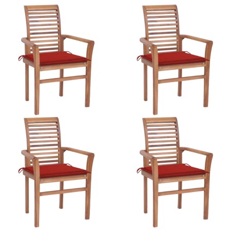 vidaXL Sillas de comedor 4 uds madera maciza de teca con cojines rojos