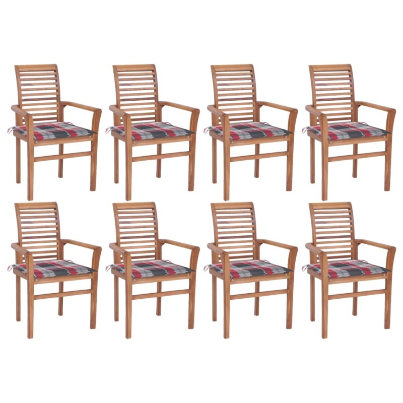 vidaXL Sillas de comedor 8 uds teca maciza y cojines a cuadros rojos vidaXL Sillas de comedor 8 uds teca maciza y cojines a cuadros rojos