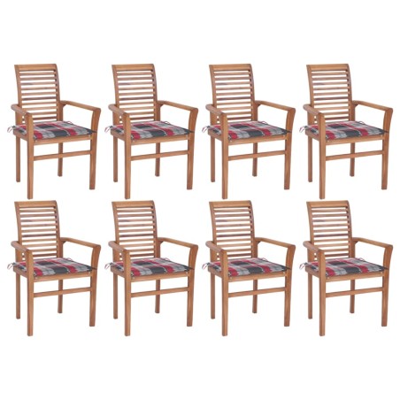 vidaXL Sillas de comedor 8 uds teca maciza y cojines a cuadros rojos