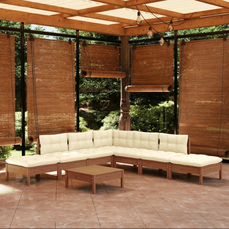 vidaXL Muebles de jardín 8 pzas y cojines madera de pino marrón miel vidaXL Muebles de jardín 8 pzas y cojines madera de pino marrón miel